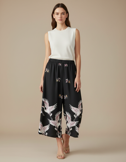 Pantalon Japonais Noir Fluide Ample Imprimé Grue - Viscose