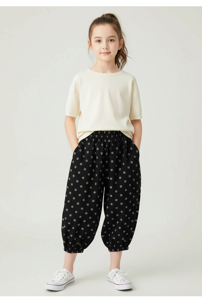 Pantalon Japonais Noir Côtelé Ample Pois Harem Enfant - Cordé