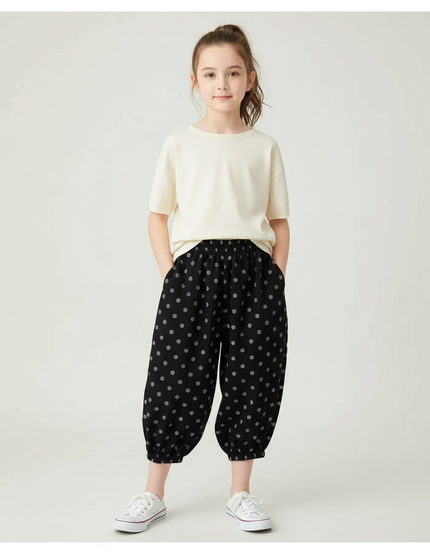 Pantalon Japonais Noir Côtelé Ample Pois Harem Enfant - Cordé