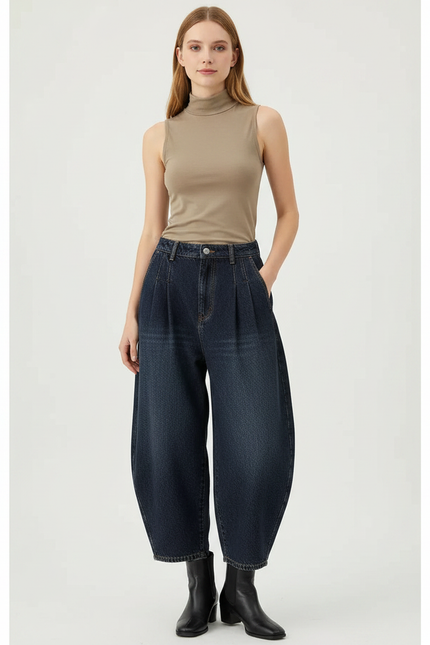 Pantalon Japonais Denim Bleu Ample Taille Haute Plissé - Marine Jean