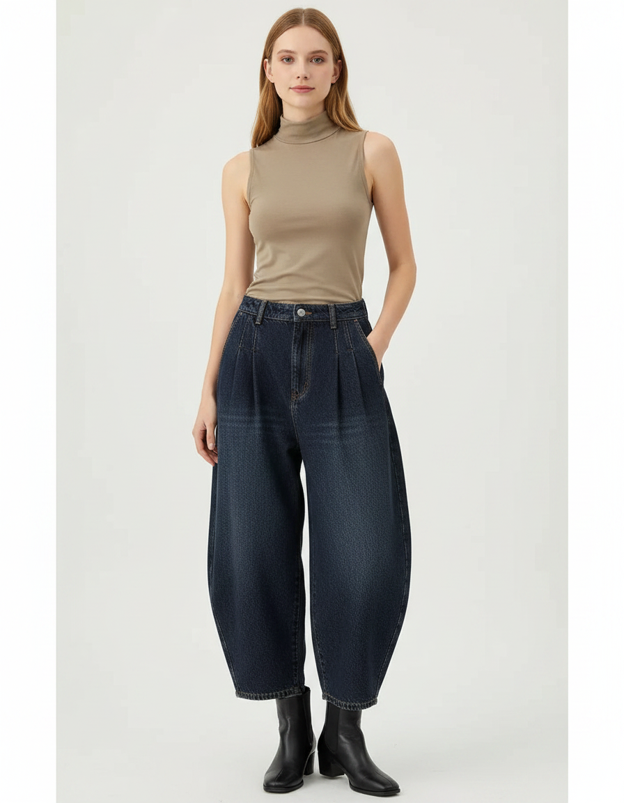 Pantalon Japonais Denim Bleu Ample Taille Haute Plissé - Marine Jean