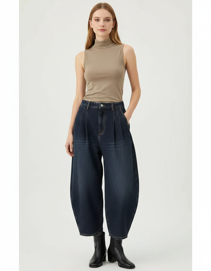 Pantalon Japonais Denim Bleu Ample Taille Haute Plissé - Marine Jean
