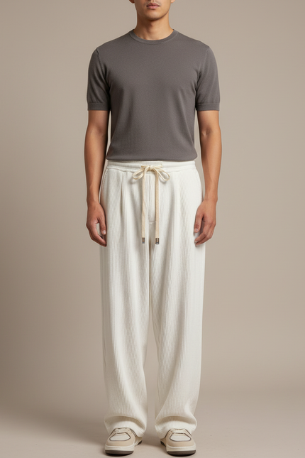 Pantalon Japonais Velours Côtelé Ample Écru Décontracté - Beige Cordé