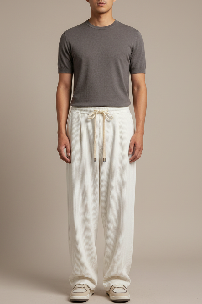 Pantalon Japonais Velours Côtelé Ample Écru Décontracté - Beige Cordé