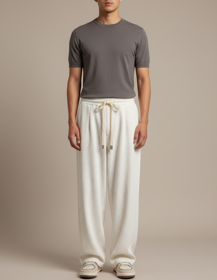 Pantalon Japonais Velours Côtelé Ample Écru Décontracté - Beige Cordé