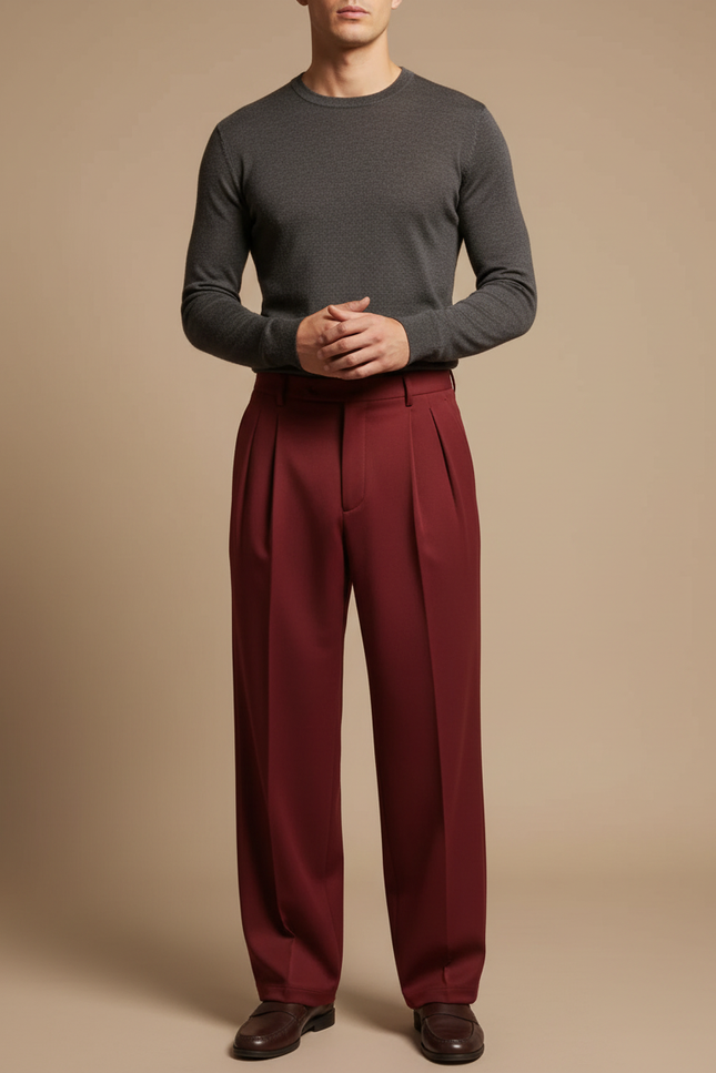 Pantalon Japonais Bordeaux Plissé Ample Décontracté Homme - Gabardine