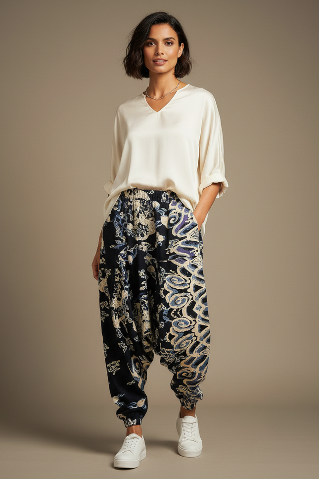 Pantalon Japonais Harem Noir Imprimé Ethnique Fluide - Viscose
