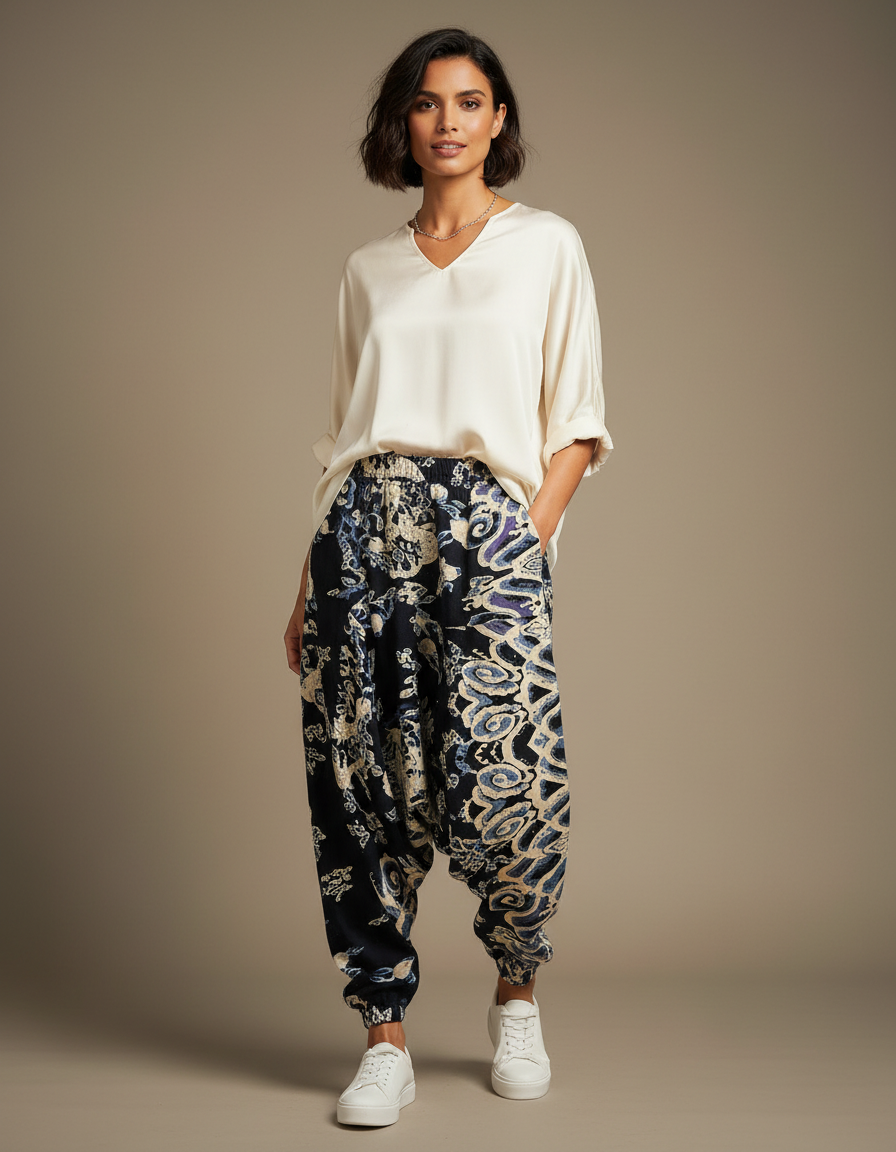 Pantalon Japonais Harem Noir Imprimé Ethnique Fluide - Viscose