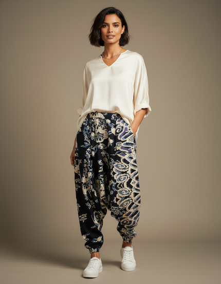 Pantalon Japonais Harem Noir Imprimé Ethnique Fluide - Viscose
