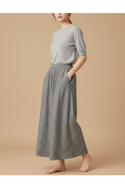 Pantalon Japonais Carreaux Ample Fluide Décontracté Femme - Imprimé Coton