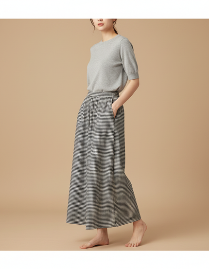 Pantalon Japonais Carreaux Ample Fluide Décontracté Femme - Imprimé Coton