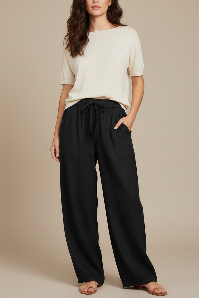 Pantalon Japonais Noir Fluide Ample Coton Taille Élastique