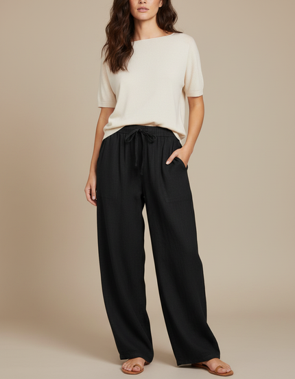 Pantalon Japonais Noir Fluide Ample Coton Taille Élastique