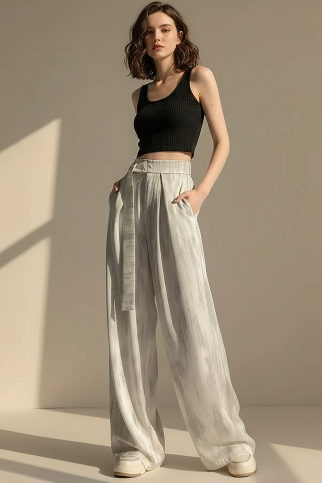 Pantalon Japonais Satiné Ample Fluide Décontracté Gris Clair