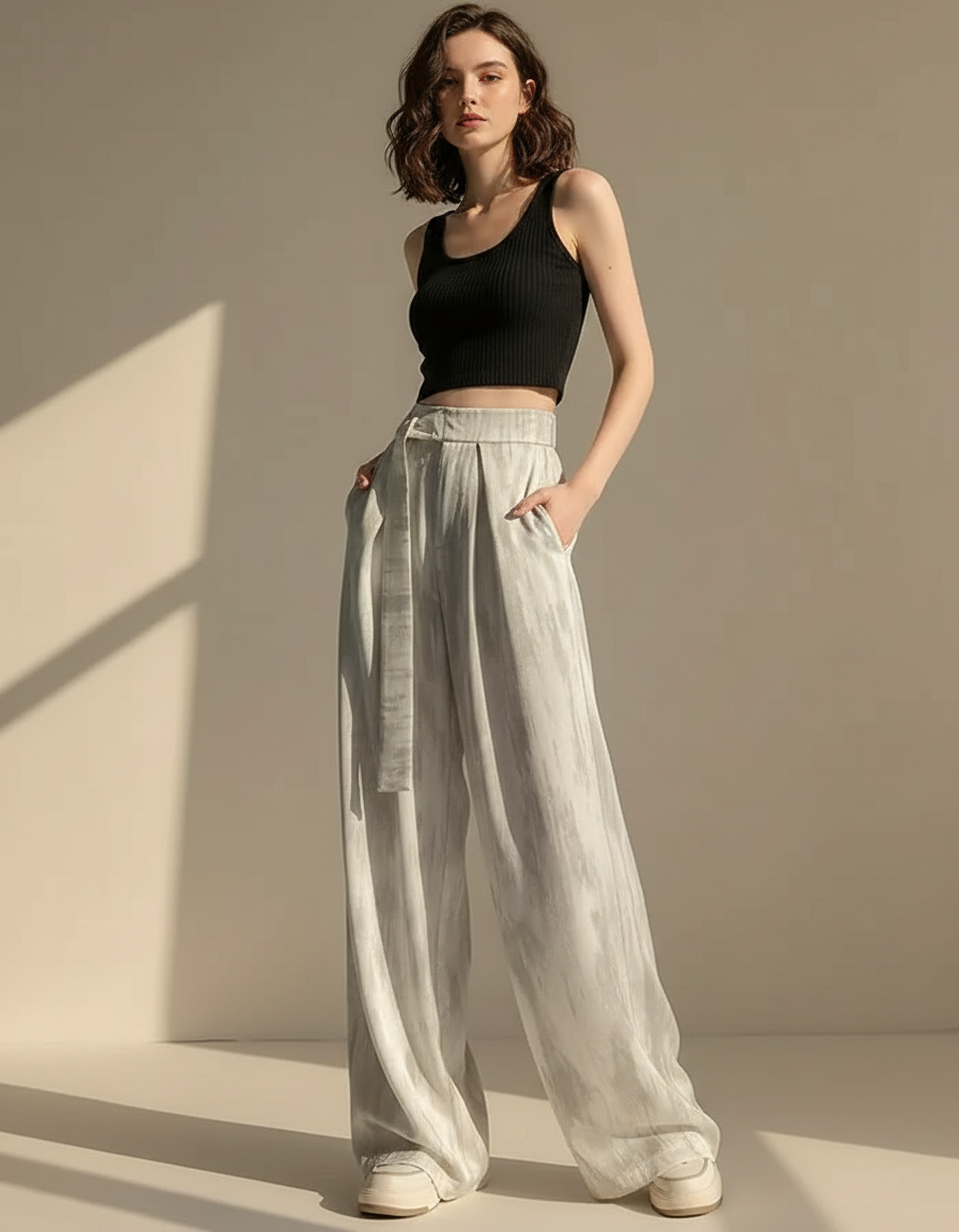 Pantalon Japonais Satiné Ample Fluide Décontracté Gris Clair