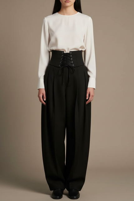 Pantalon Japonais Noir Ample Taille Haute Laçage Élégant - Polyester