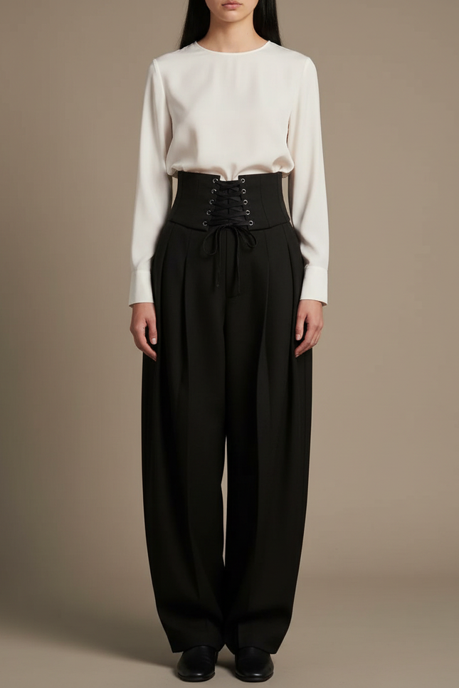 Pantalon Japonais Noir Ample Taille Haute Laçage Élégant - Polyester