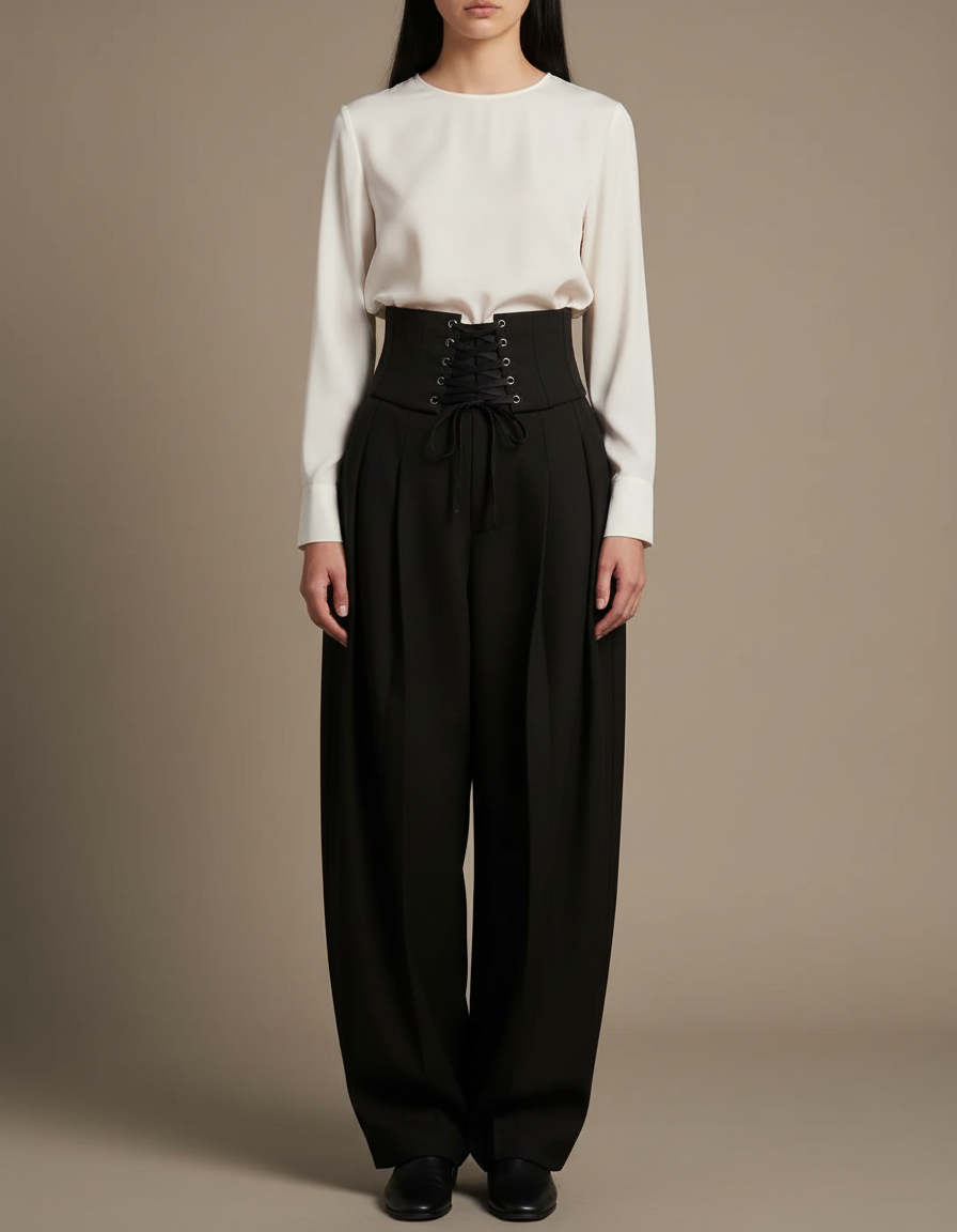 Pantalon Japonais Noir Ample Taille Haute Laçage Élégant - Polyester