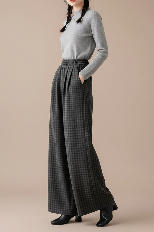 Pantalon Japonais Carreaux Ample Taille Haute Fluide - Gris Laine