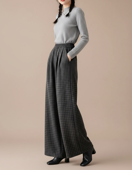 Pantalon Japonais Carreaux Ample Taille Haute Fluide - Gris Laine