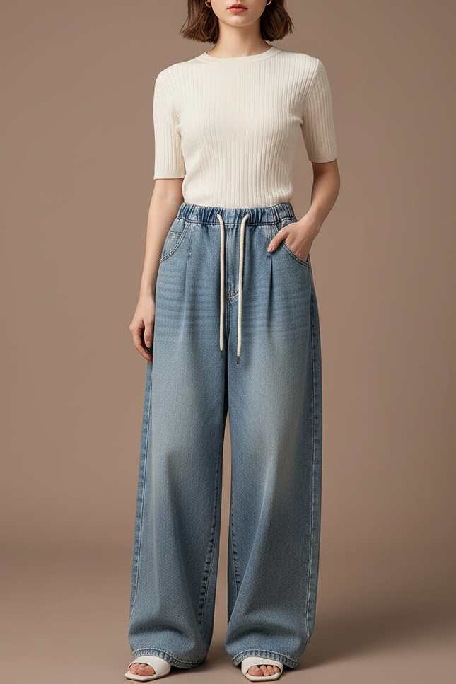 Pantalon Japonais Denim Ample Bleu Clair Femme - Jean