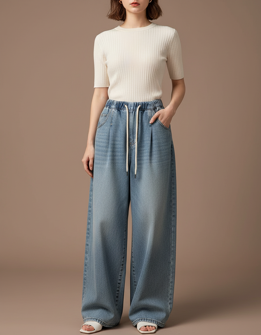 Pantalon Japonais Denim Ample Bleu Clair Femme - Jean