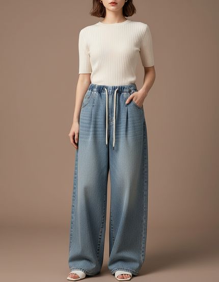 Pantalon Japonais Denim Ample Bleu Clair Femme - Jean
