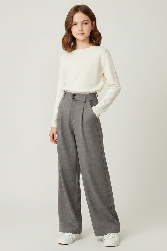 Pantalon Japonais Gris Ample Droit Taille Haute - Polyester