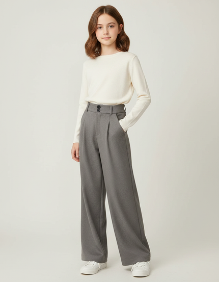 Pantalon Japonais Gris Ample Droit Taille Haute - Polyester