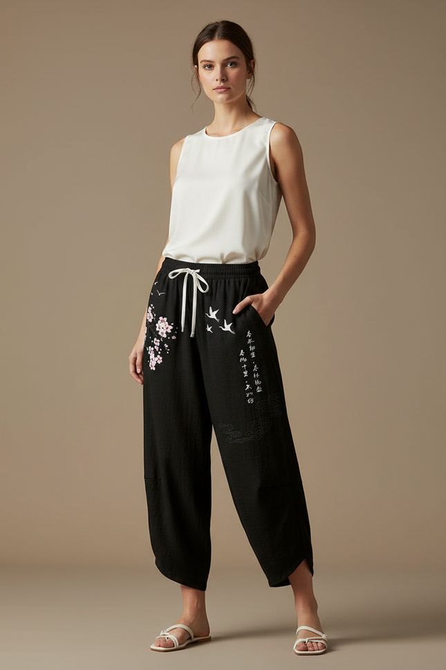 Pantalon Japonais Noir Ample Brodé Fleurs Grues - Lin