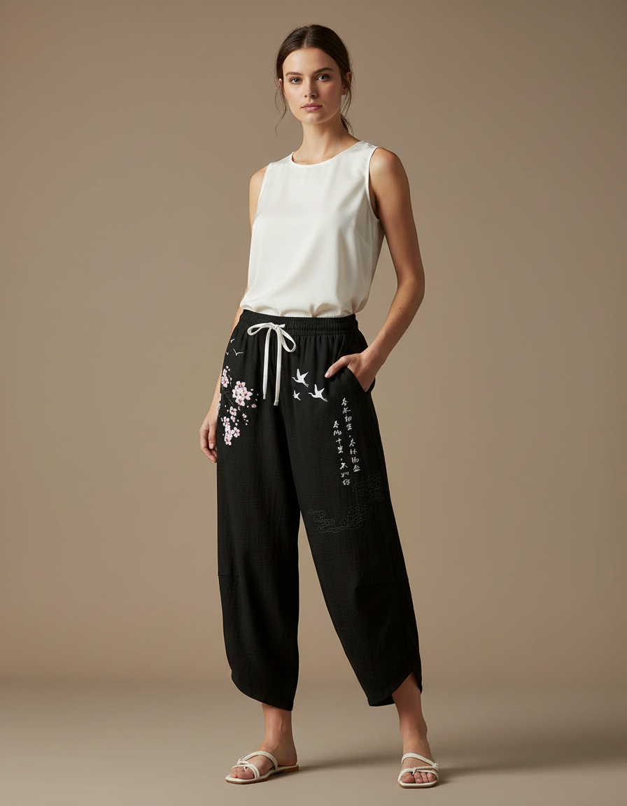 Pantalon Japonais Noir Ample Brodé Fleurs Grues - Lin