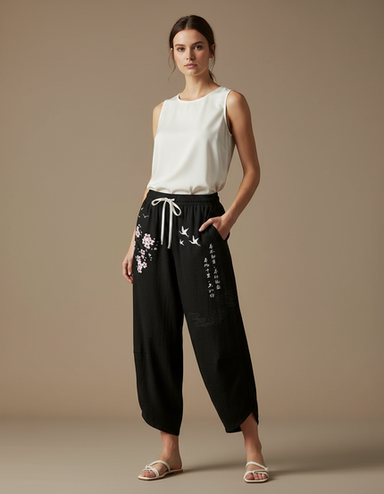 Pantalon Japonais Noir Ample Brodé Fleurs Grues - Lin