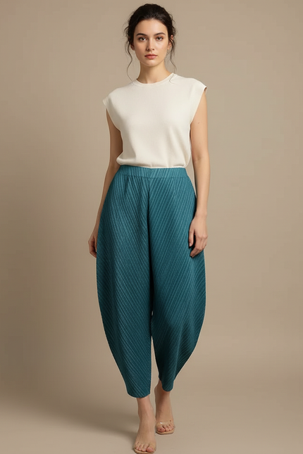 Pantalon Japonais Plissé Ample Bleu Canard Texturé - Polyester