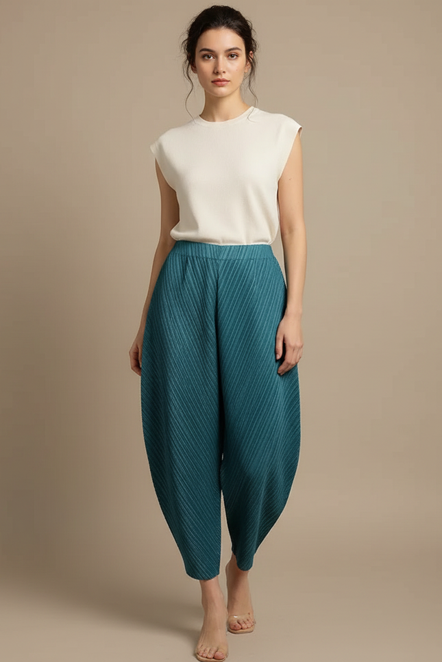 Pantalon Japonais Plissé Ample Bleu Canard Texturé - Polyester
