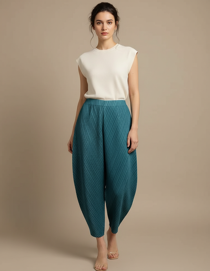 Pantalon Japonais Plissé Ample Bleu Canard Texturé - Polyester