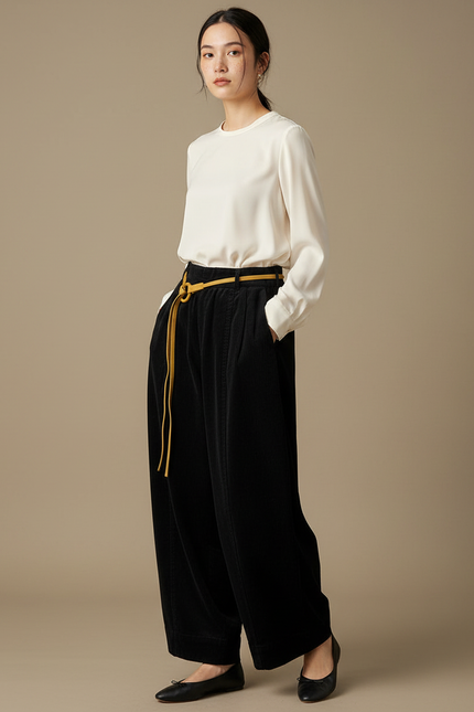 Pantalon Japonais Velours Côtelé Ample Noir Ceinture Jaune - Cordé