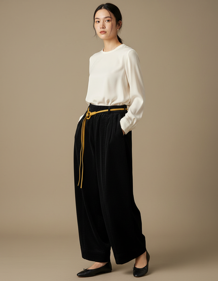 Pantalon Japonais Velours Côtelé Ample Noir Ceinture Jaune - Cordé
