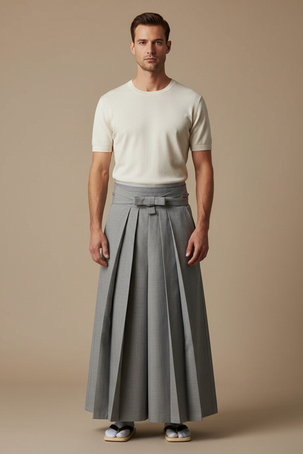 Pantalon Japonais Gris Plissé Traditionnel Formel Homme - Laine