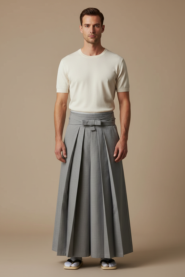 Pantalon Japonais Gris Plissé Traditionnel Formel Homme - Laine