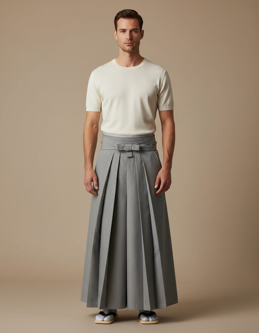 Pantalon Japonais Gris Plissé Traditionnel Formel Homme - Laine