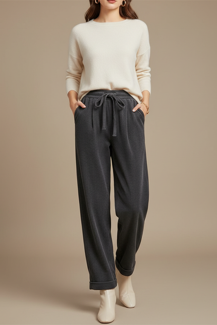 Pantalon Japonais Côtelé Ample Gris Cordon Décontracté - Cordé