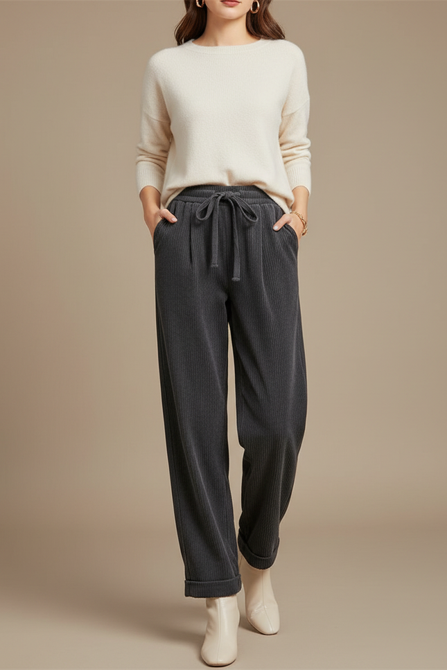 Pantalon Japonais Côtelé Ample Gris Cordon Décontracté - Cordé