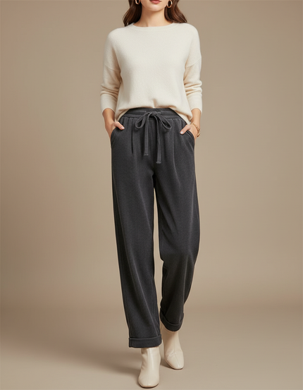 Pantalon Japonais Côtelé Ample Gris Cordon Décontracté - Cordé