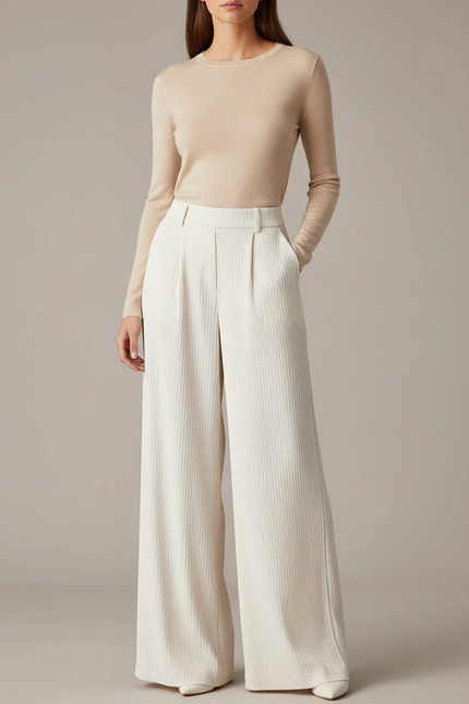 Pantalon Japonais Crème Côtelé Ample Plissé Élégant - Blanc Cordé