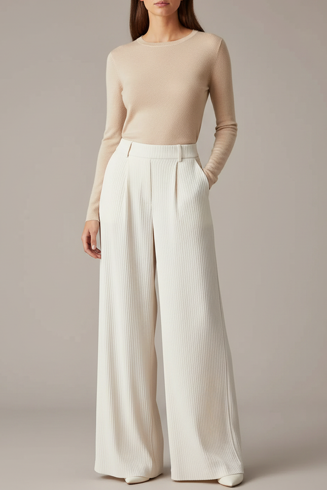 Pantalon Japonais Crème Côtelé Ample Plissé Élégant - Blanc Cordé