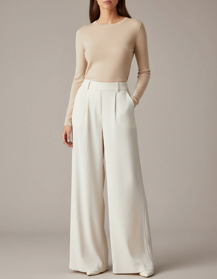 Pantalon Japonais Crème Côtelé Ample Plissé Élégant - Blanc Cordé