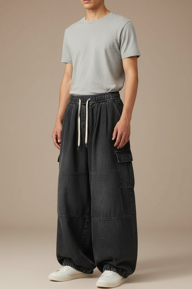 Pantalon Japonais Noir Cargo Ample Denim Cordon - Jean