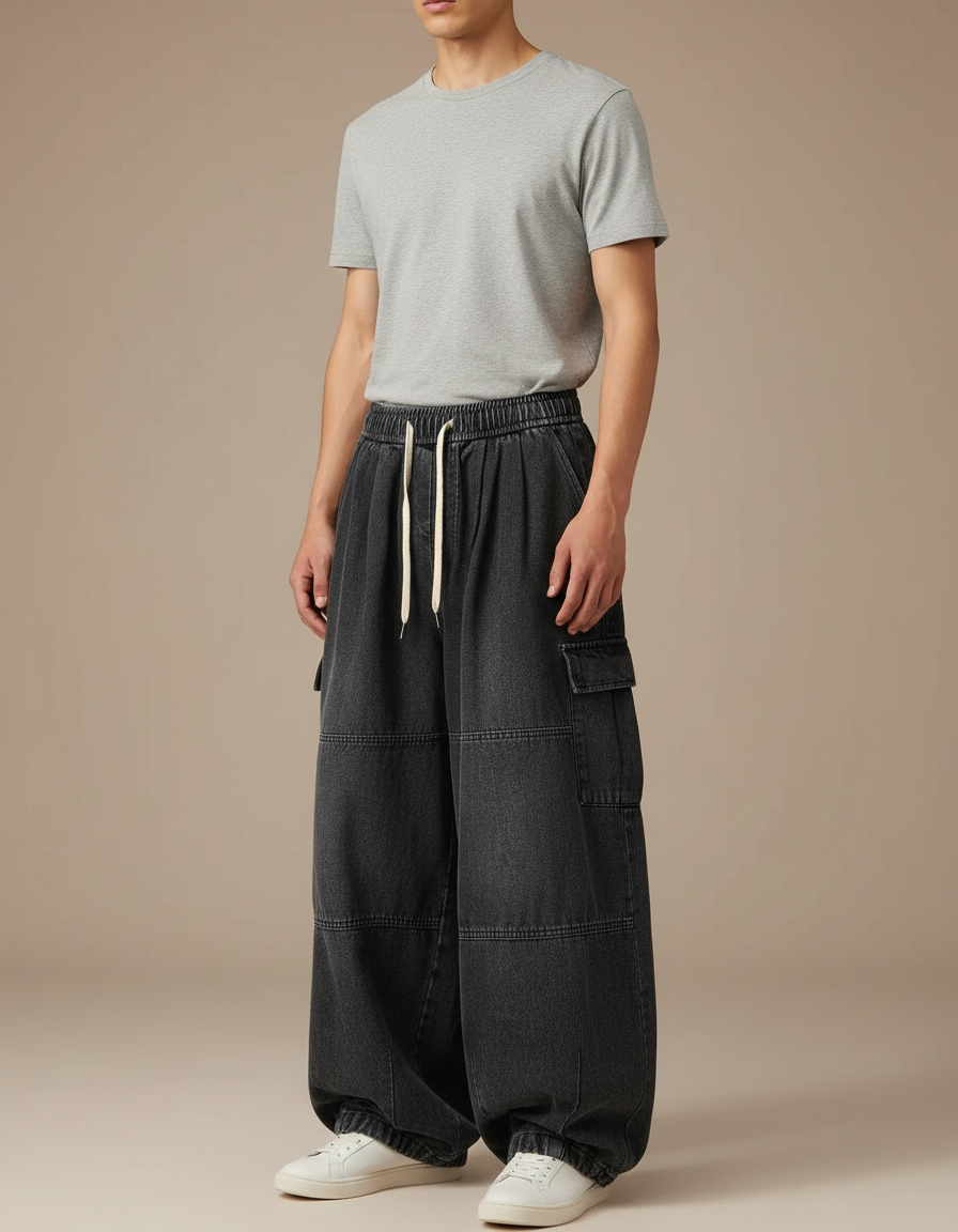 Pantalon Japonais Noir Cargo Ample Denim Cordon - Jean