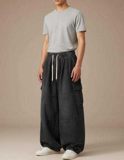 Pantalon Japonais Noir Cargo Ample Denim Cordon - Jean