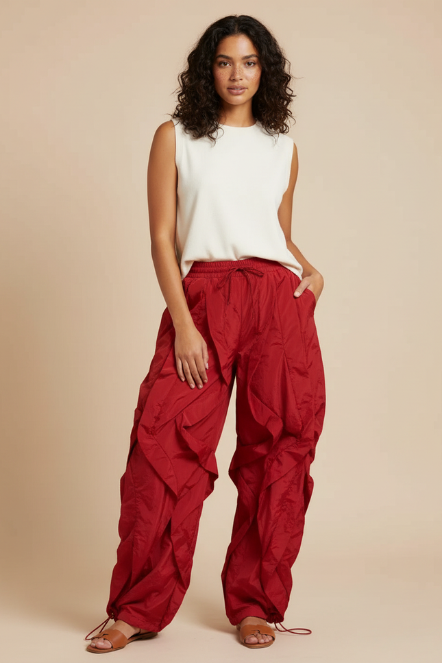 Pantalon Japonais Rouge Cargo Ample Fluide Femme - Polyester